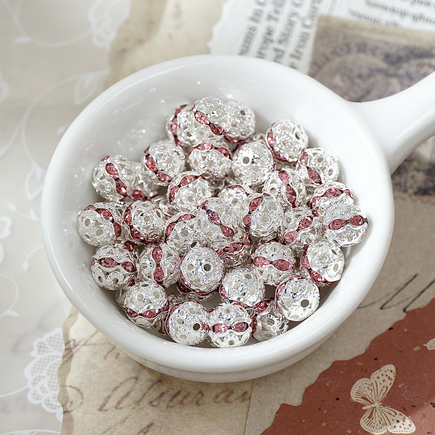 (50pcs)8mm Copper Hollow Floral Ball with Rhinestone Bead Caps / Spacers