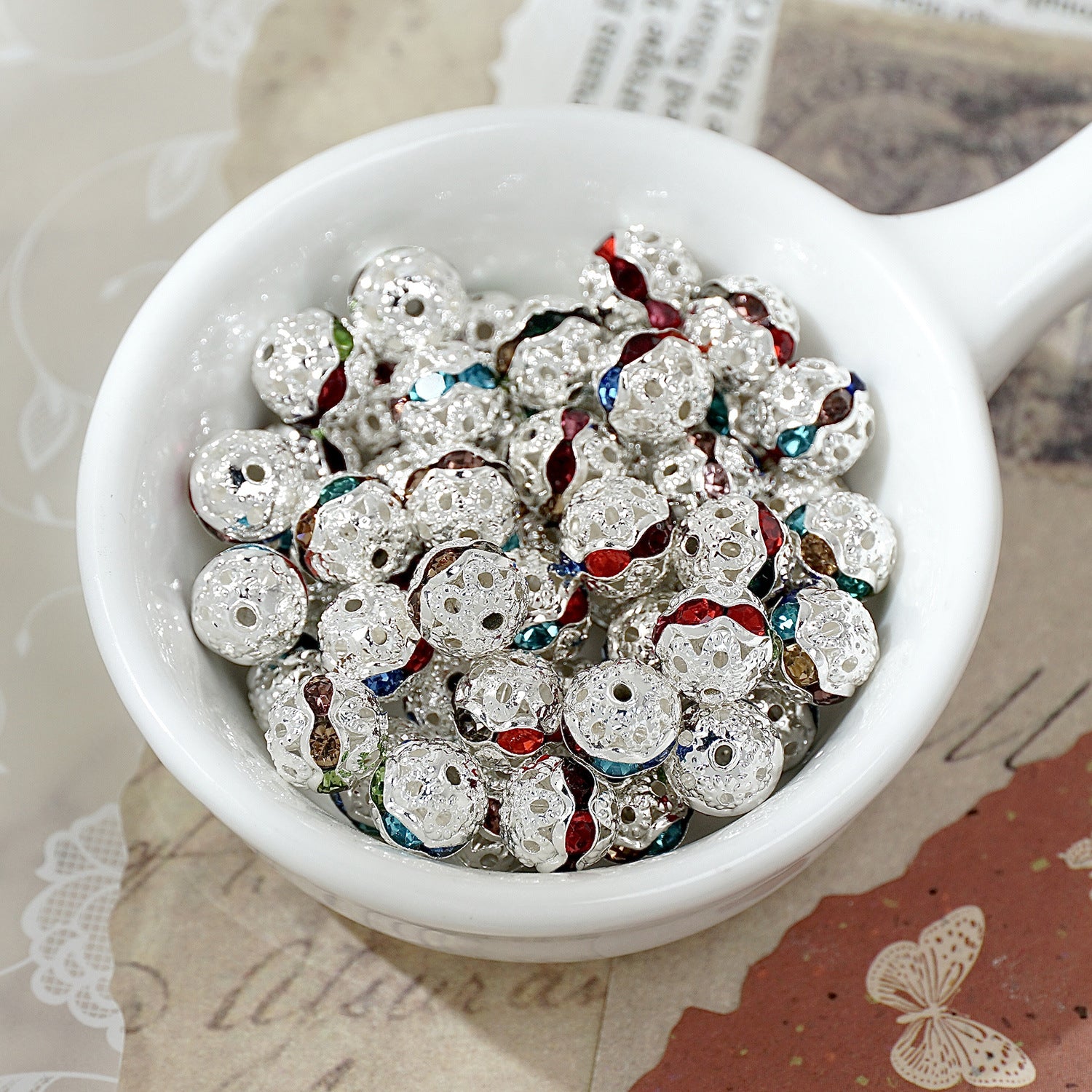 (50pcs)8mm Copper Hollow Floral Ball with Rhinestone Bead Caps / Spacers