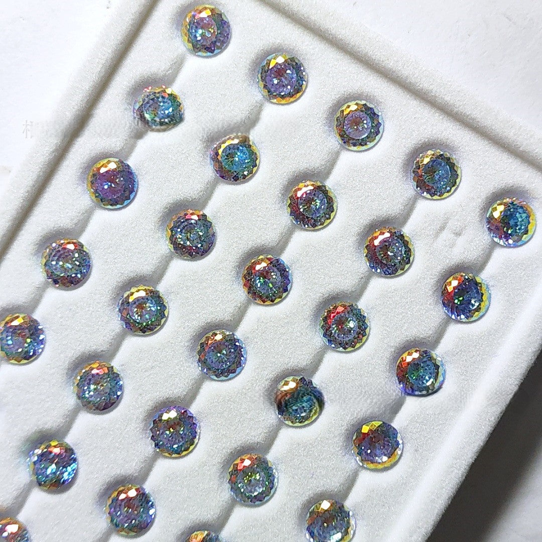 5A 6-8mm Round Iridescent Coated Nest Cut Loose CZ Stone - 2pcs