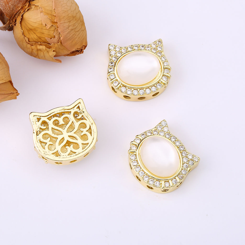 (2pcs)Micro-Pave Cat's Eye CZ Kitten Spacer Bead