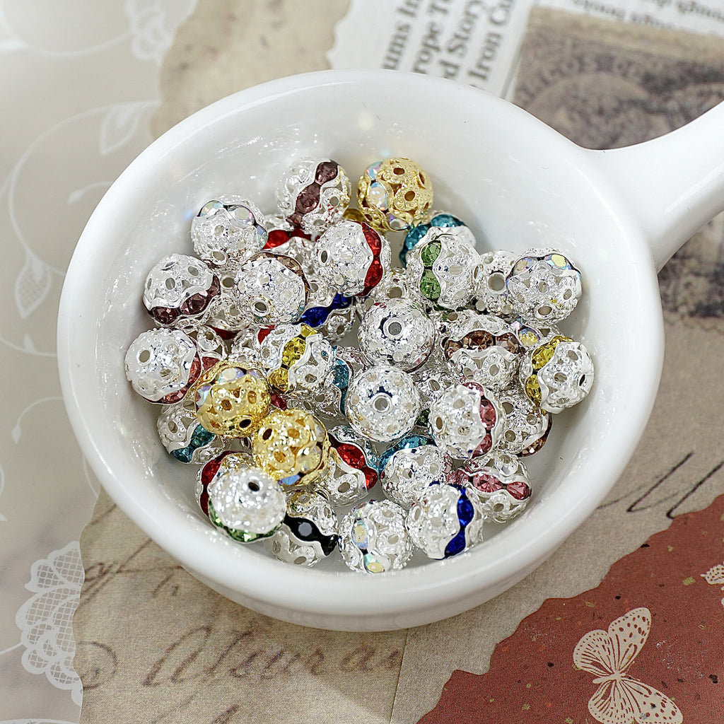 (50pcs)8mm Copper Hollow Floral Ball with Rhinestone Bead Caps / Spacers