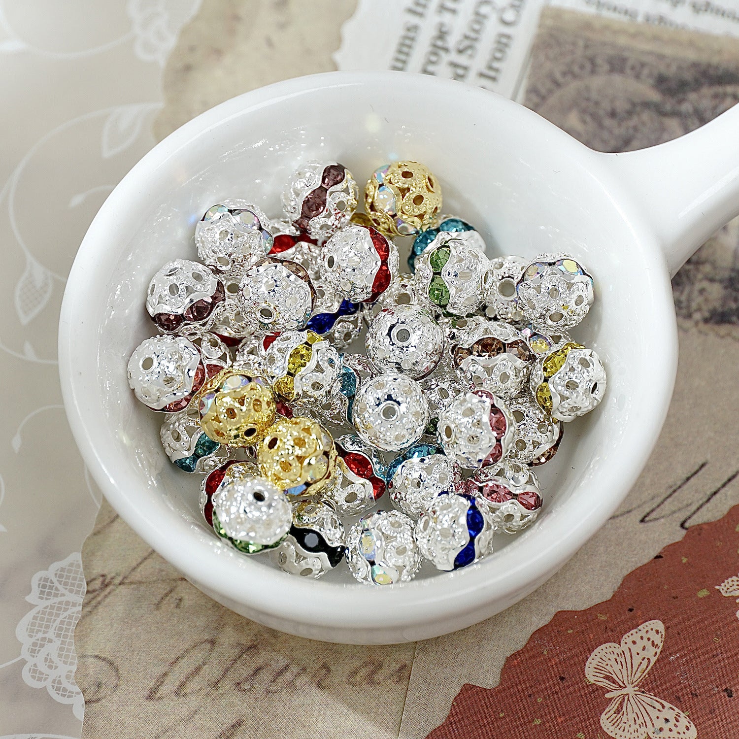 (50pcs)8mm Copper Hollow Floral Ball with Rhinestone Bead Caps / Spacers