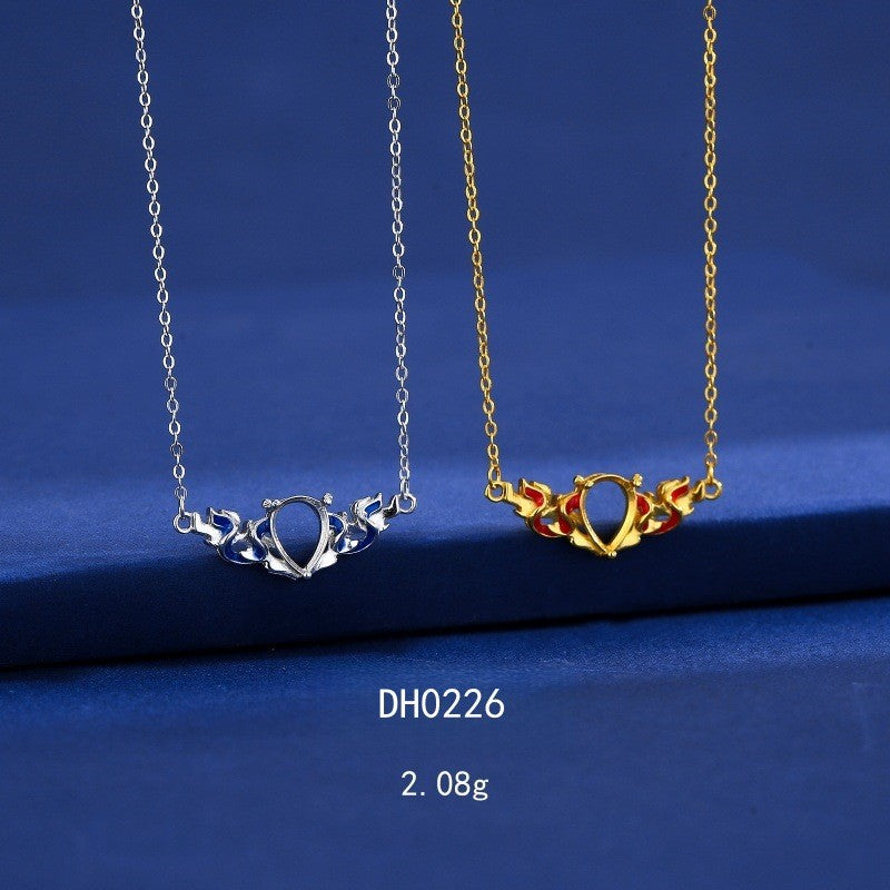 925 Sterling Silver "Nezha" Good Luck Pendant Mount for 6x8mm Pear Gemstone, Red Silk Pattern DIY Collarbone Chain