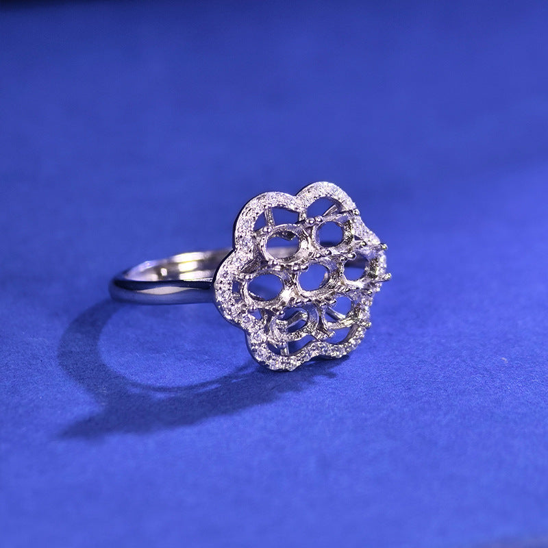 925 Sterling Silver Ring Mount for 3x4mm Oval Gemstone, Petal Surround-Paved Luxury DIY