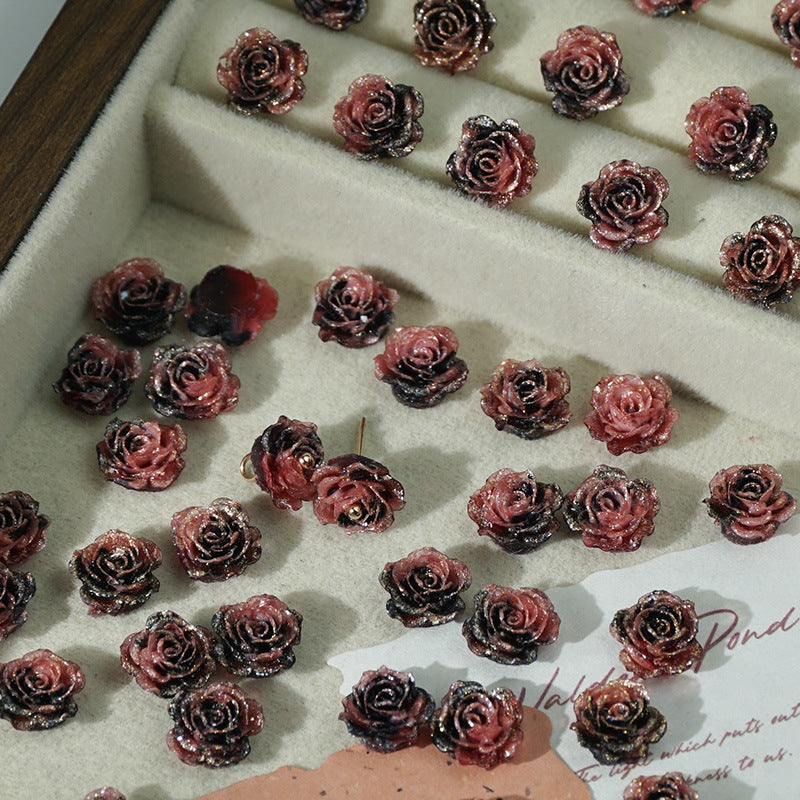 (50pcs)No-Hole Fine Sparkle Soft Gel Flower Single-Sided Carved Rose