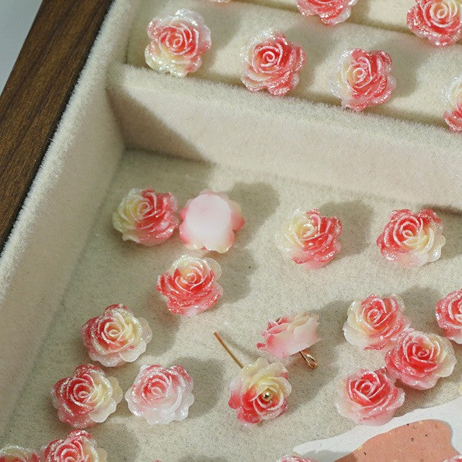 (50pcs)No-Hole Fine Sparkle Soft Gel Flower Single-Sided Carved Rose