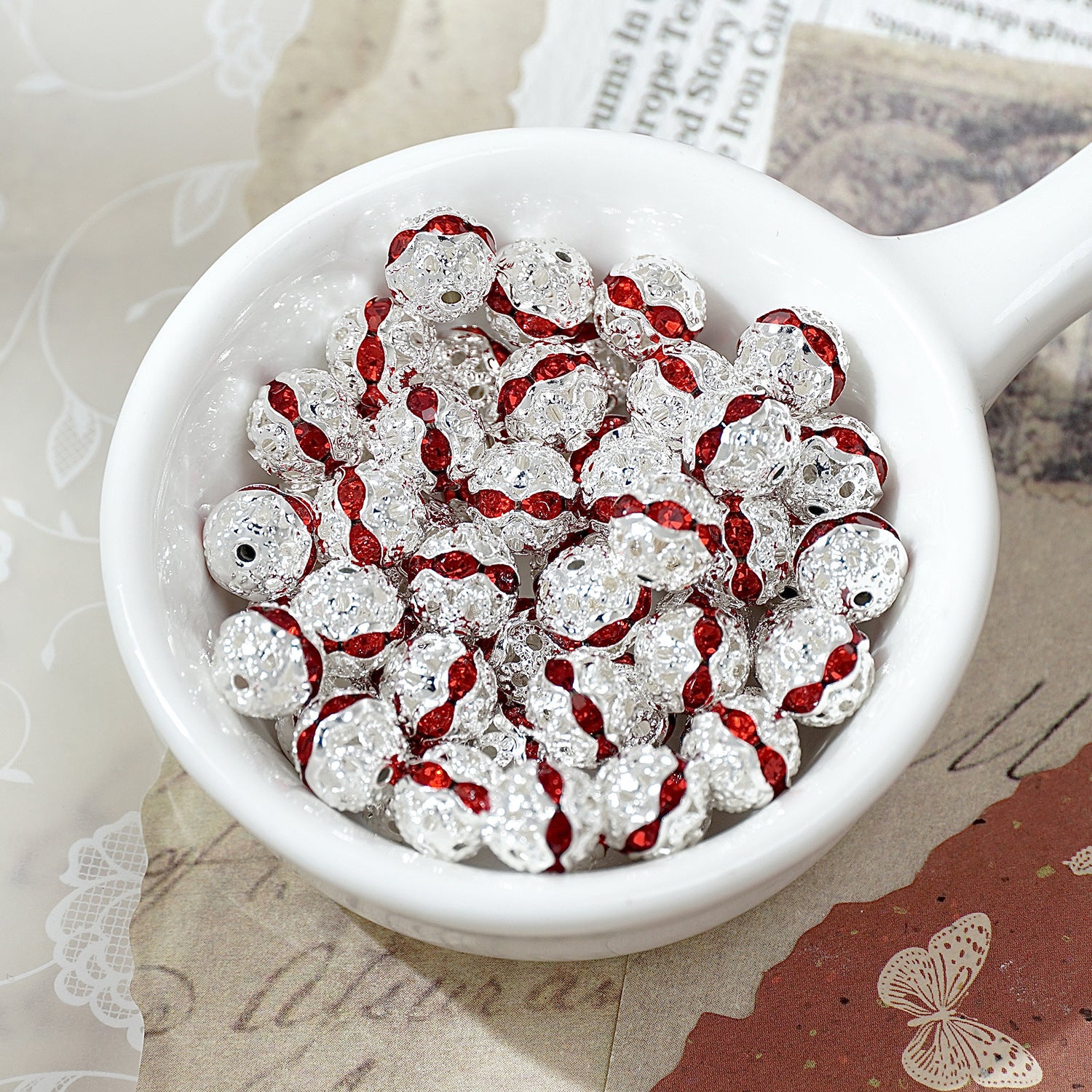 (50pcs)8mm Copper Hollow Floral Ball with Rhinestone Bead Caps / Spacers