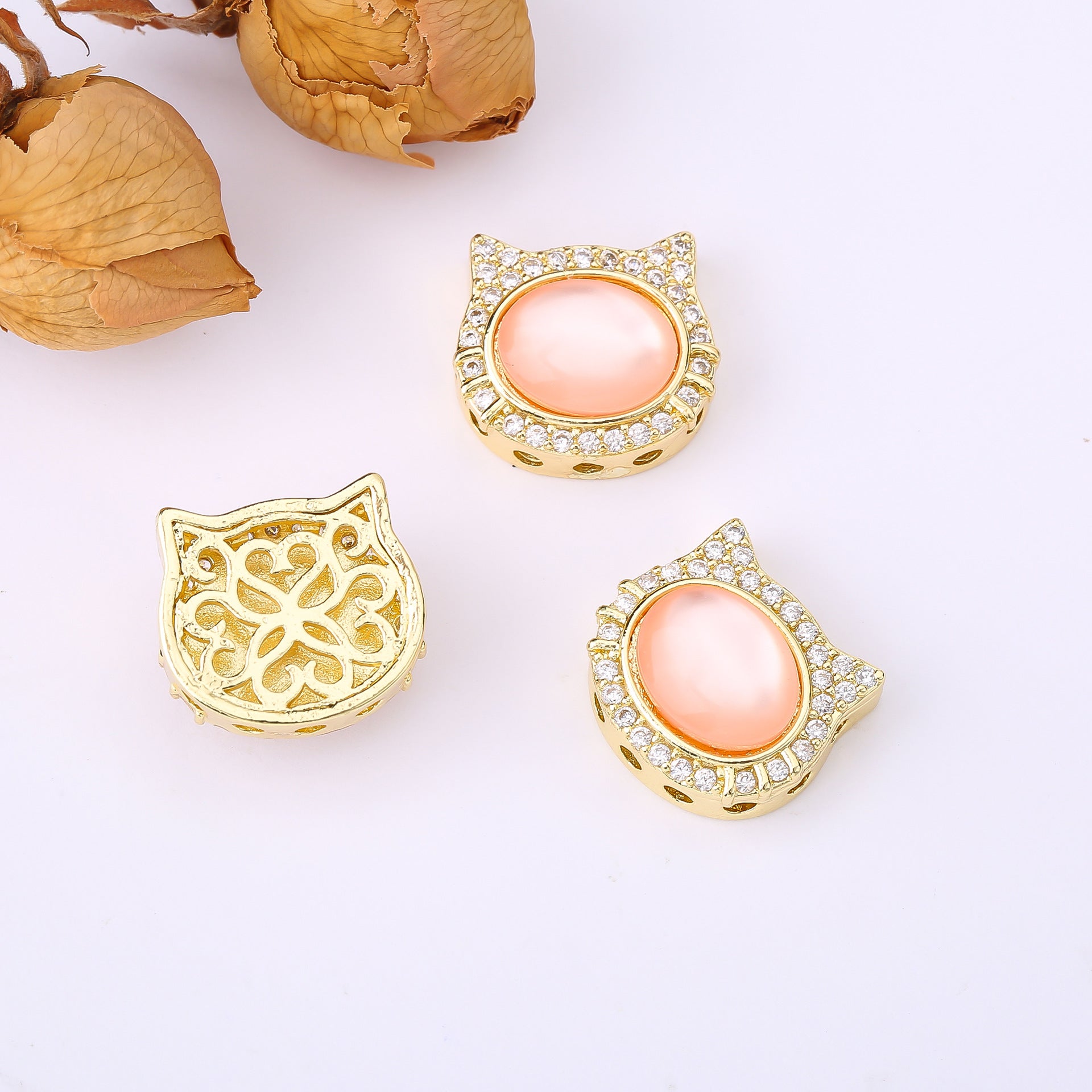 (2pcs)Micro-Pave Cat's Eye CZ Kitten Spacer Bead