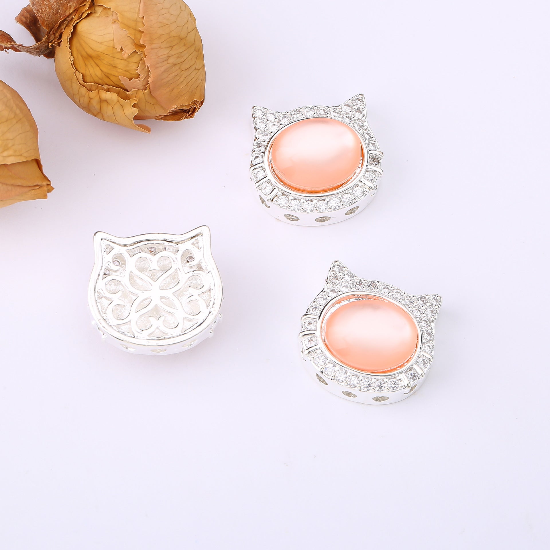 (2pcs)Micro-Pave Cat's Eye CZ Kitten Spacer Bead