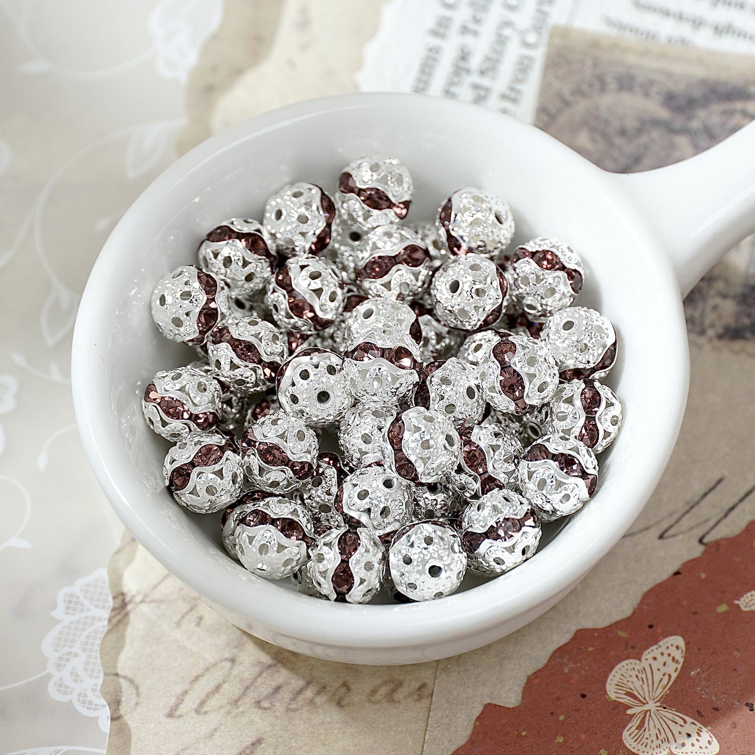 (50pcs)8mm Copper Hollow Floral Ball with Rhinestone Bead Caps / Spacers