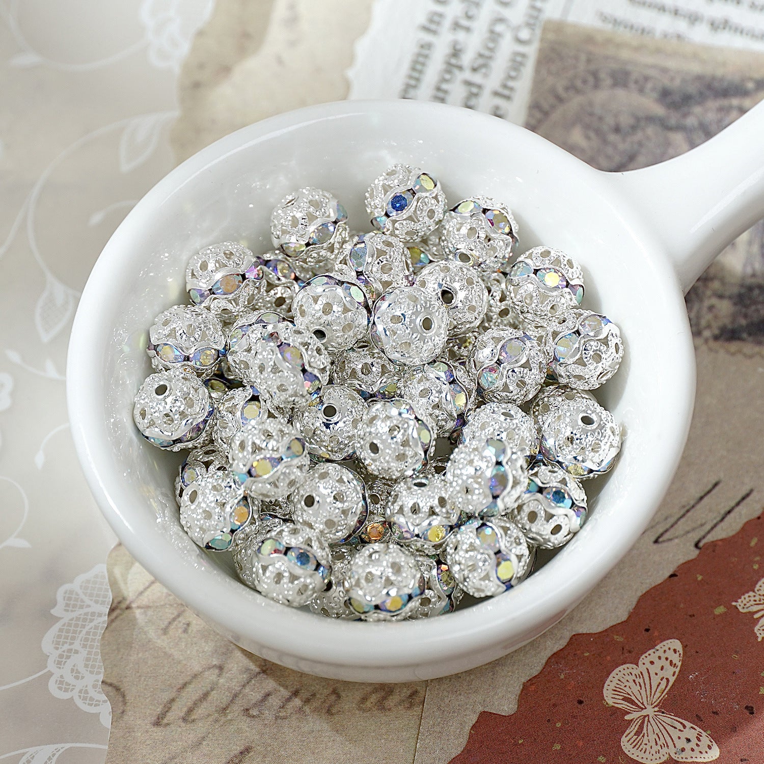 (50pcs)8mm Copper Hollow Floral Ball with Rhinestone Bead Caps / Spacers