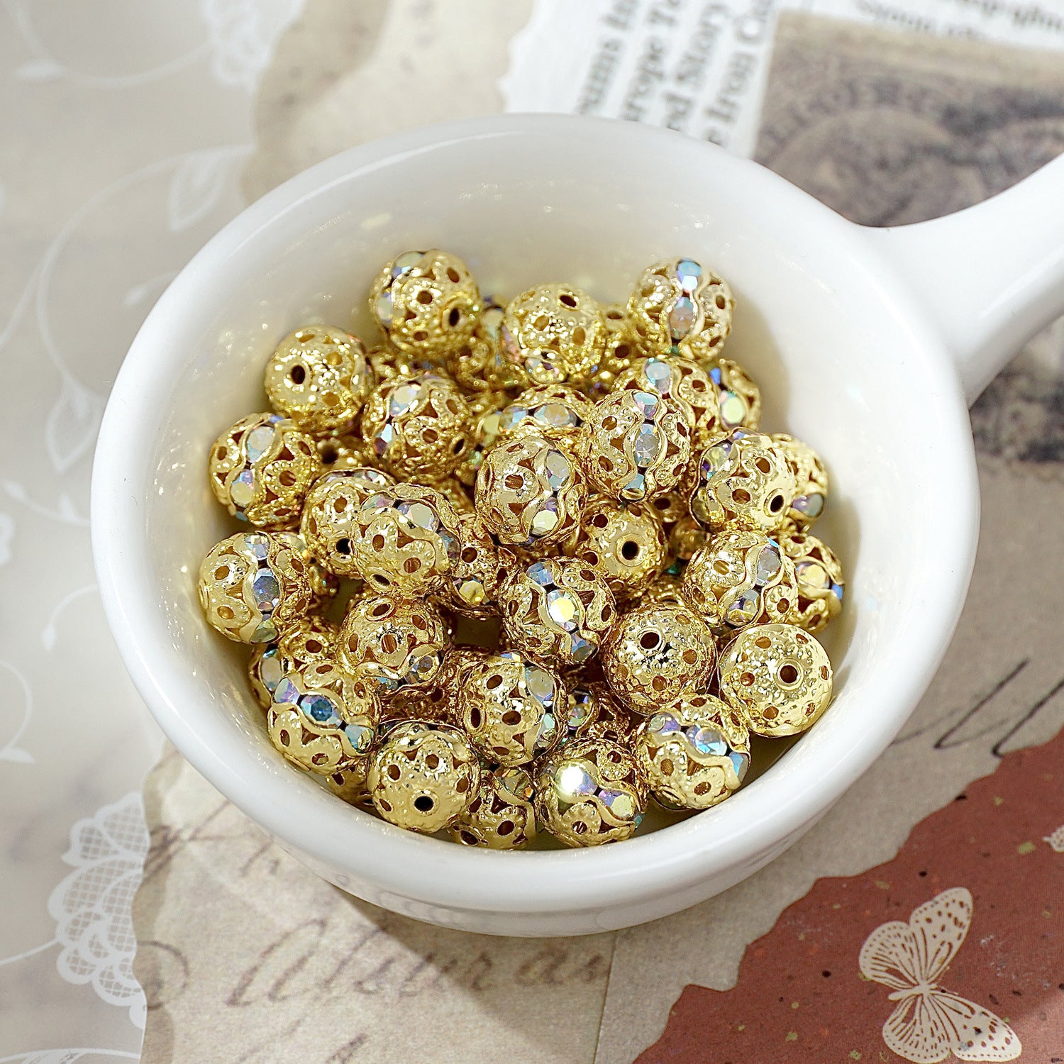 (50pcs)8mm Copper Hollow Floral Ball with Rhinestone Bead Caps / Spacers