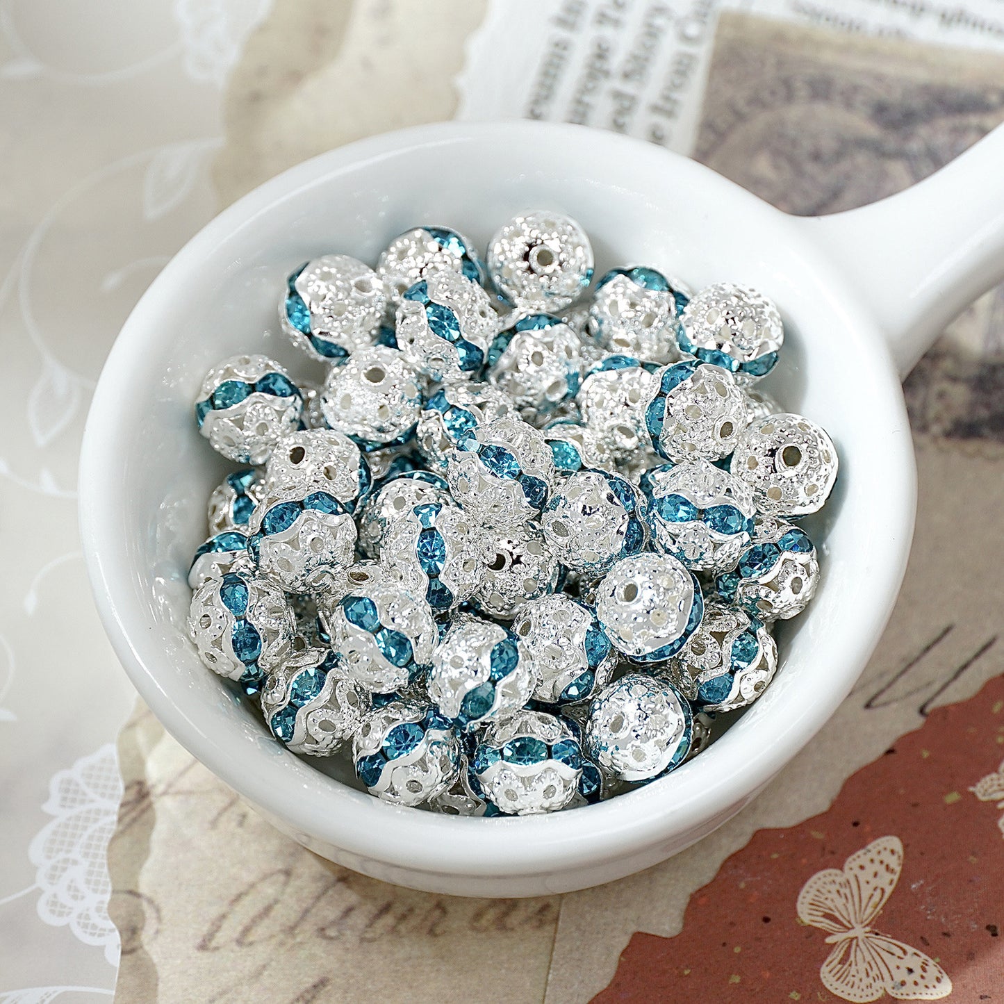 (50pcs)8mm Copper Hollow Floral Ball with Rhinestone Bead Caps / Spacers