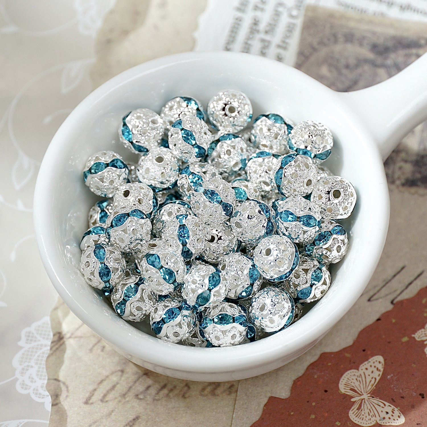 (50pcs)8mm Copper Hollow Floral Ball with Rhinestone Bead Caps / Spacers